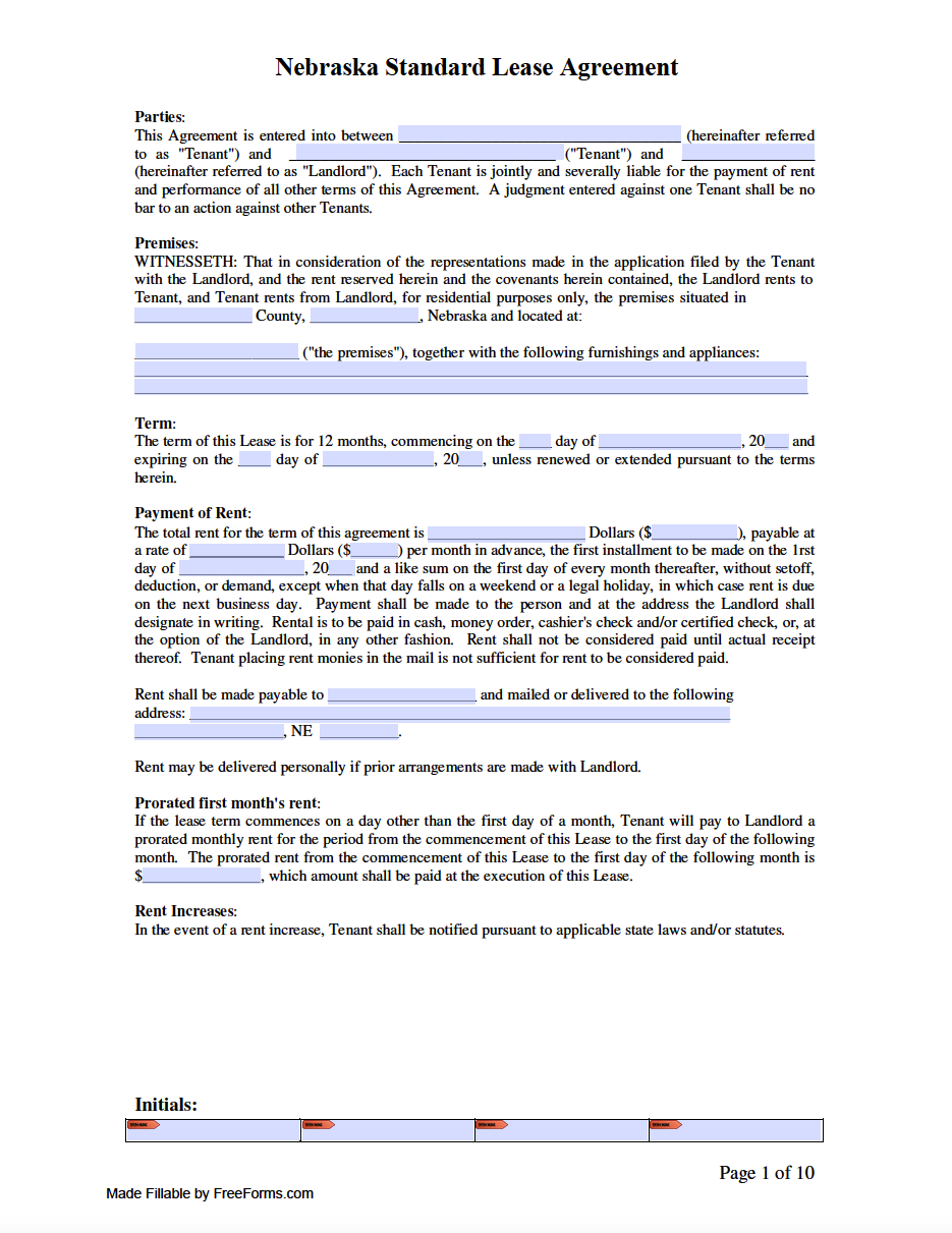 Free Nebraska Standard Residential Lease Agreement Template PDF WORD