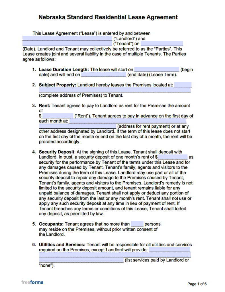 Free Nebraska Rental Lease Agreement Templates | PDF | WORD