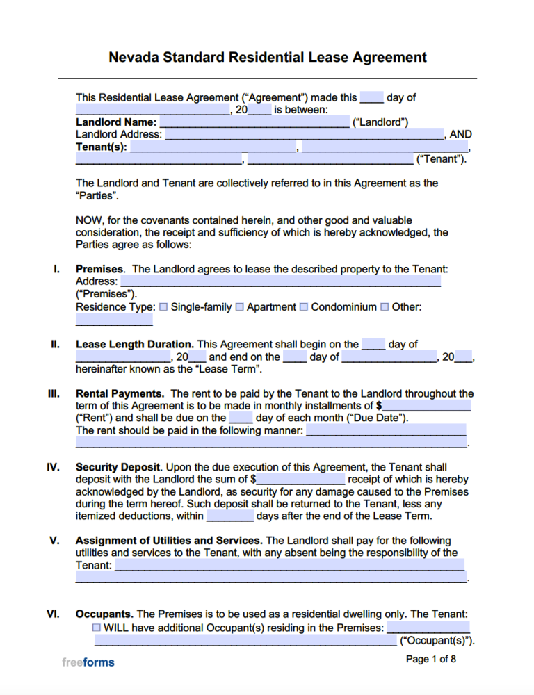 Free Nevada Standard Residential Lease Agreement Template PDF WORD