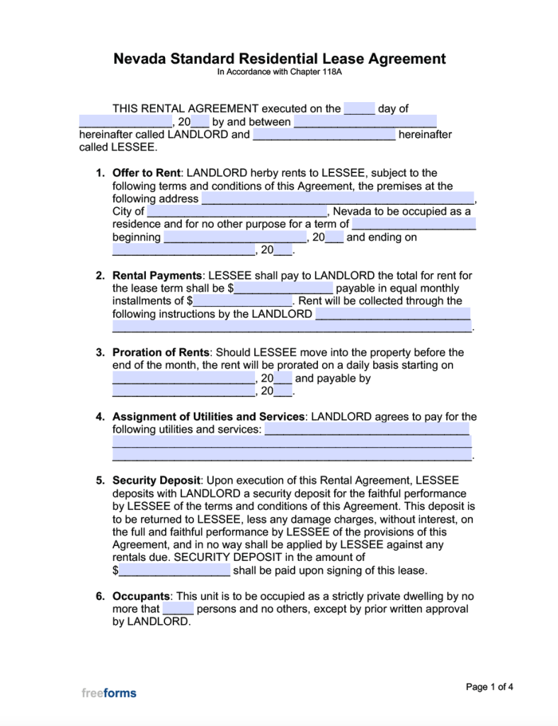 Free Nevada Standard Residential Lease Agreement Template | PDF | WORD