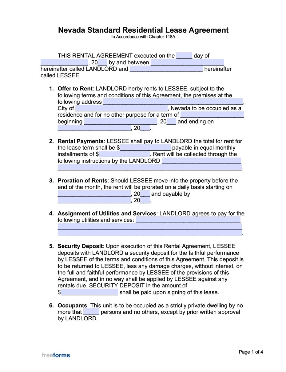 Residential Lease Agreement Nevada Template Printable Form Templates 
