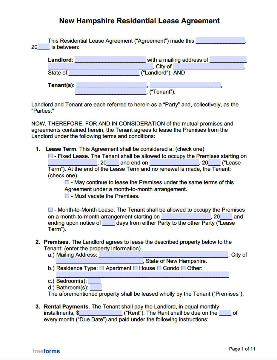 Free New Hampshire Standard Residential Lease Agreement Template | PDF ...