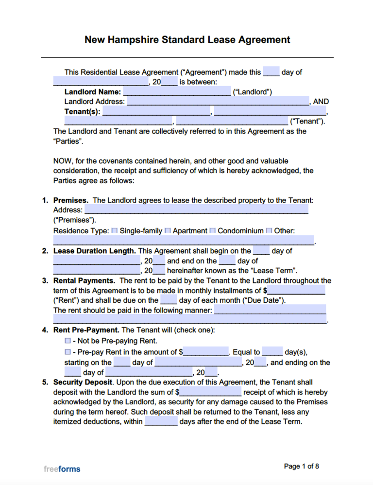 Free New Hampshire Standard Residential Lease Agreement Template | PDF ...