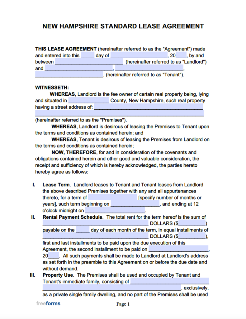Free New Hampshire Standard Residential Lease Agreement Template PDF