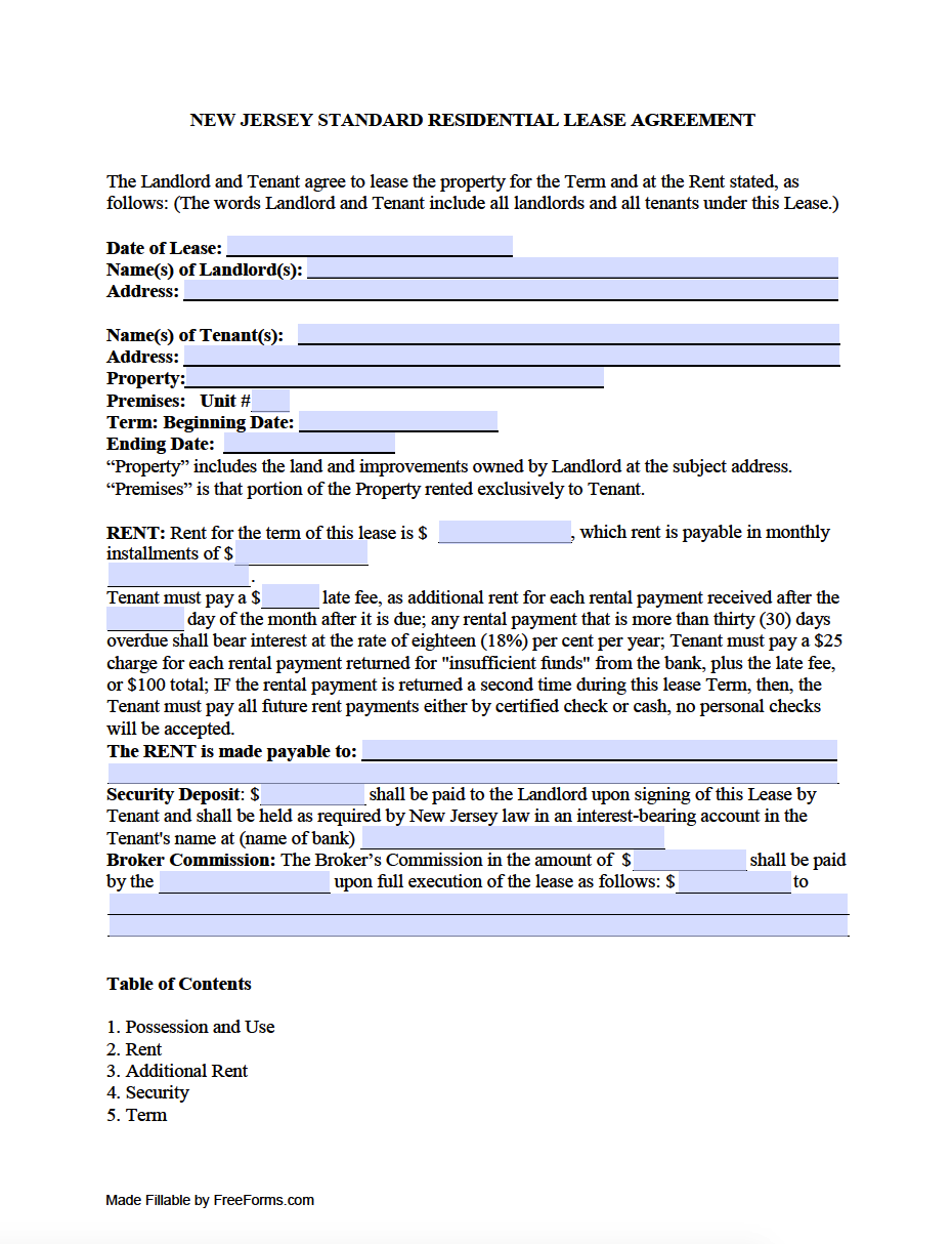 Free New Jersey Standard Residential Lease Agreement Template PDF WORD