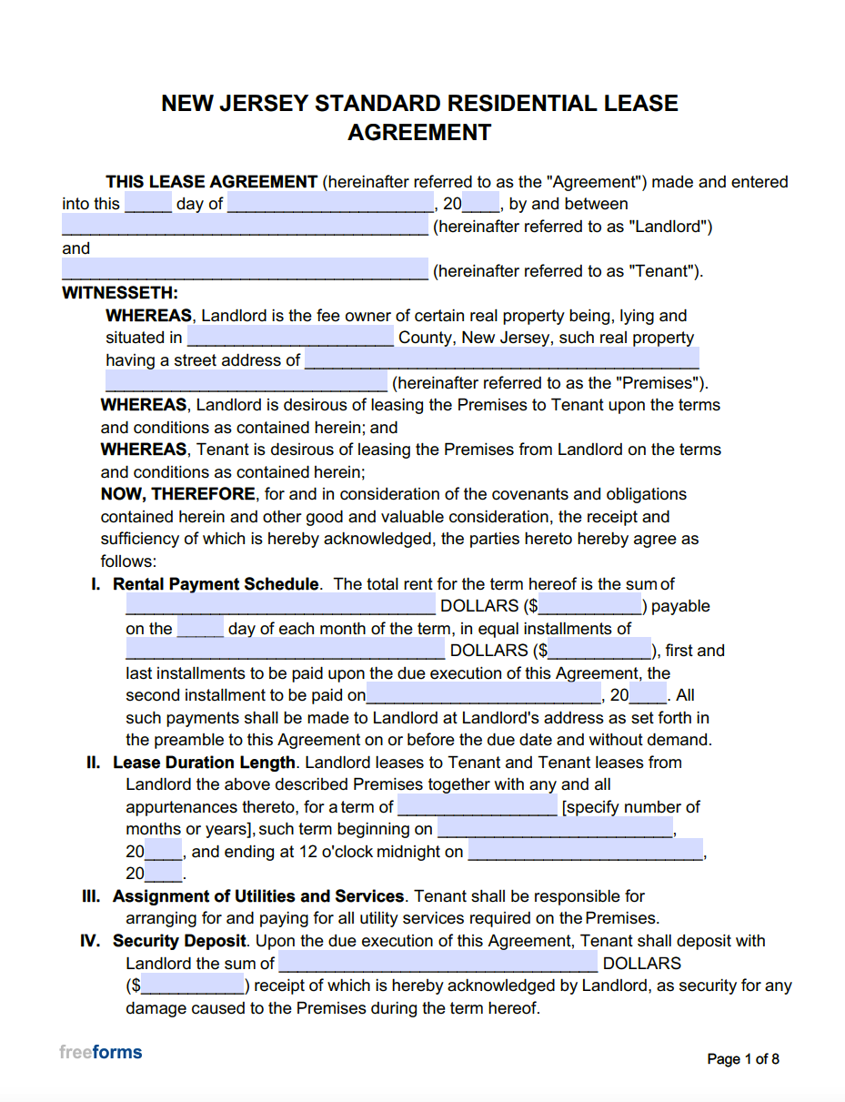 Free New Jersey Standard Residential Lease Agreement Template Regarding new jersey residential lease agreement template