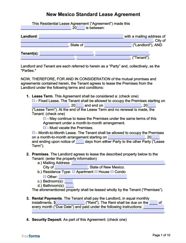 Free New Mexico Standard Residential Lease Agreement Template | PDF | WORD