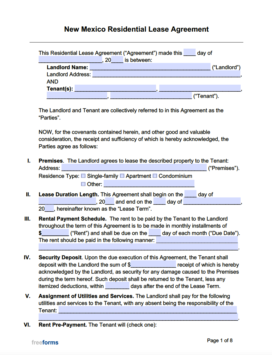 Free New Mexico Standard Residential Lease Agreement Template PDF WORD