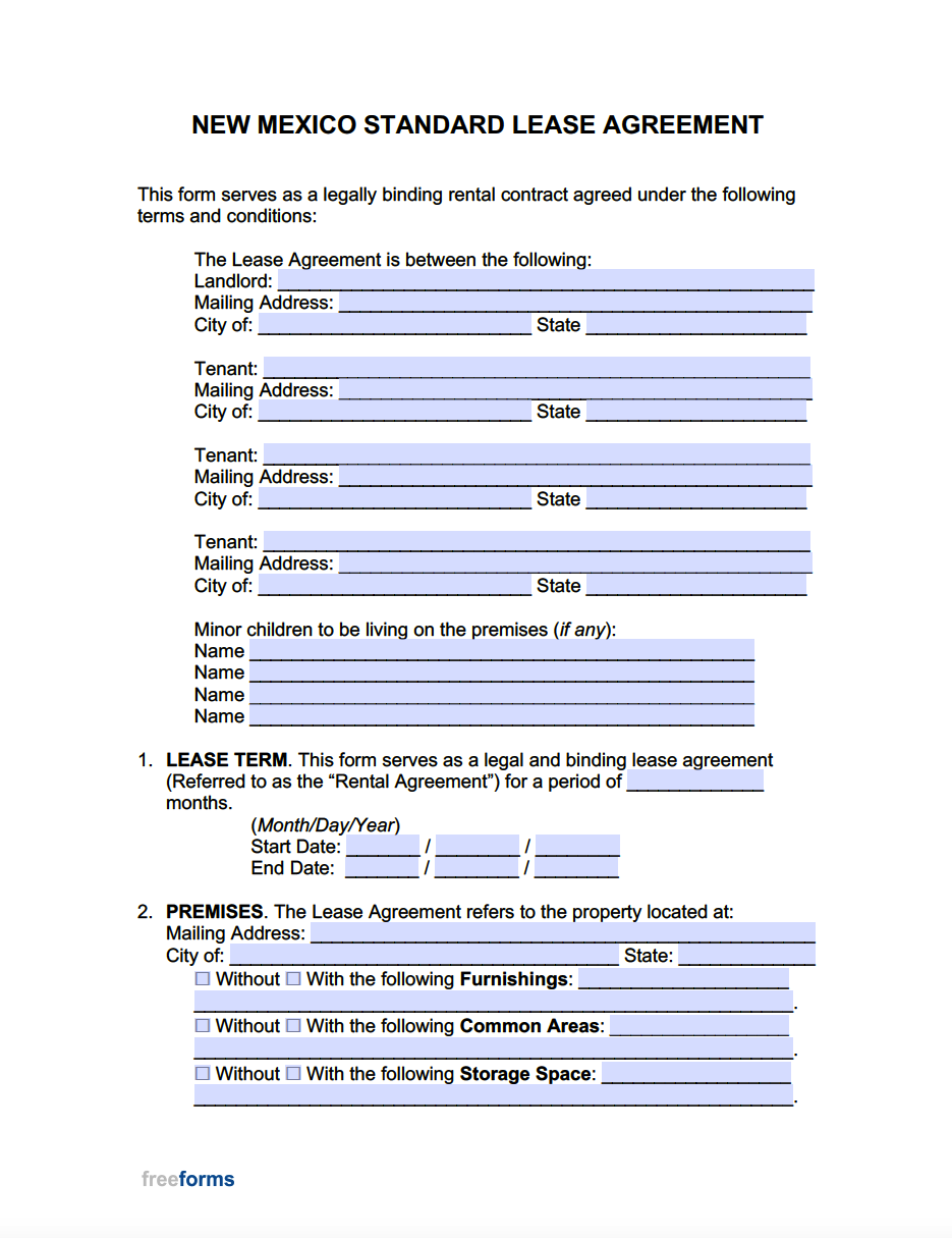 Free New Mexico Standard Residential Lease Agreement Template PDF WORD