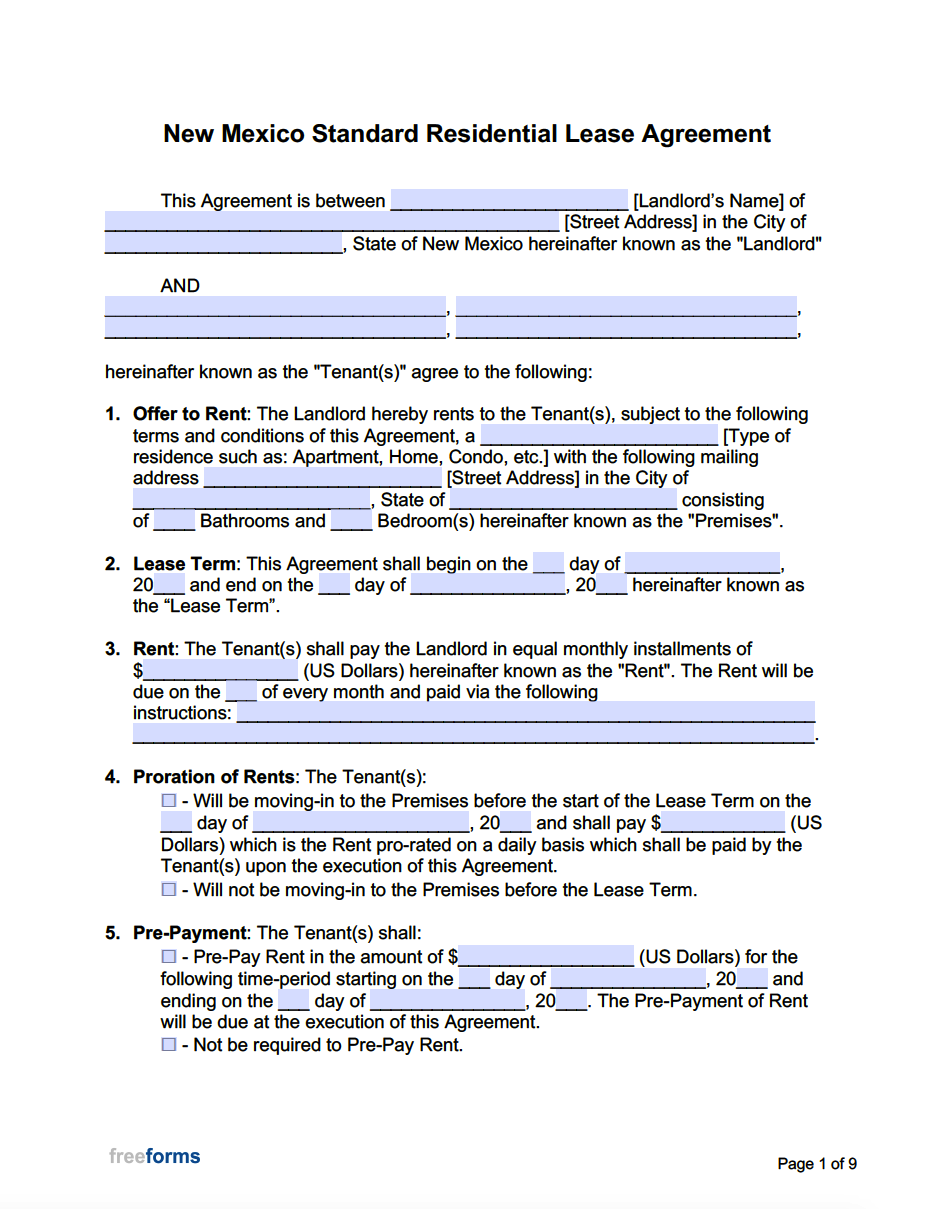 Printable Rental Agreement Form Nm