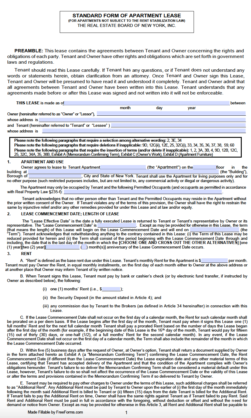 Free New York Standard Residential Lease Agreement Template | PDF | Word