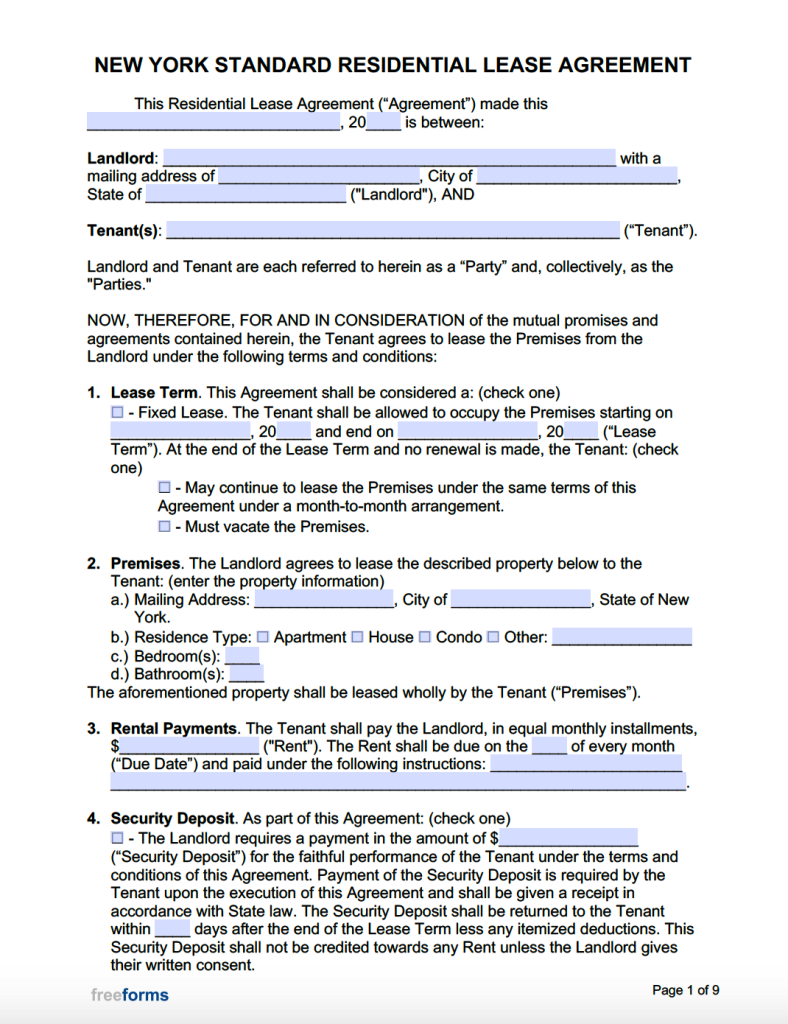 Printable Rental Agreement Ny State Lease Form - Printable Forms Free