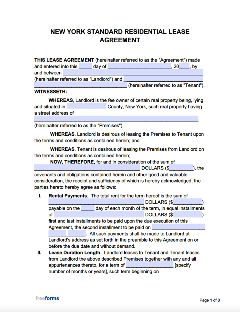 Free New York Standard Residential Lease Agreement Template PDF WORD