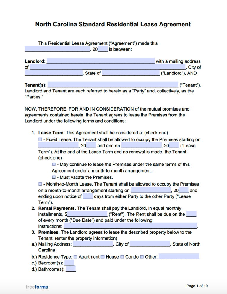 Nc Lease Agreement Template