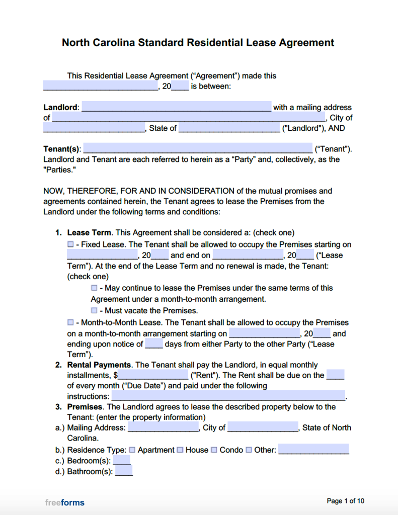 Free North Carolina Standard Residential Lease Agreement Template | PDF