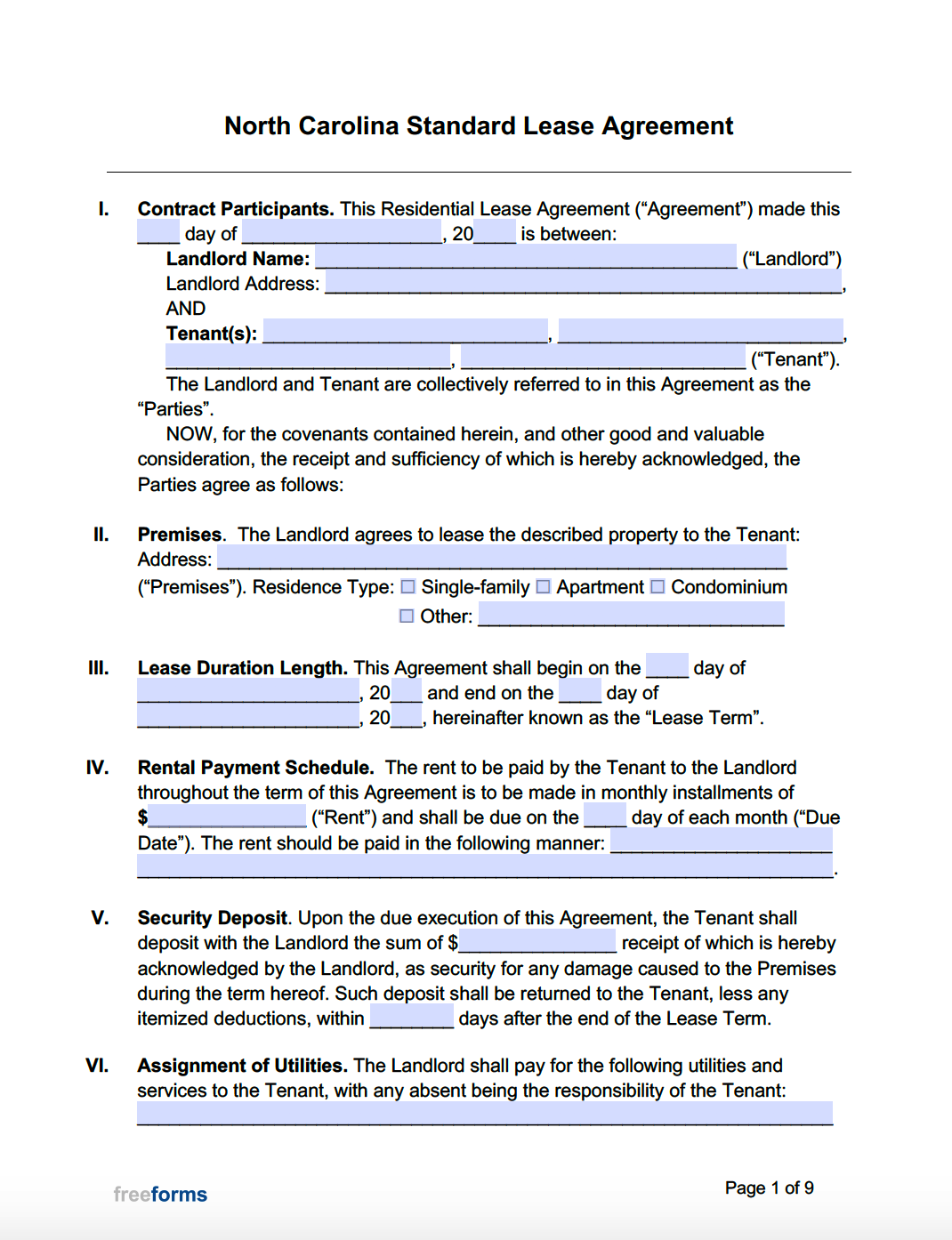 Free North Carolina Standard Residential Lease Agreement Template PDF