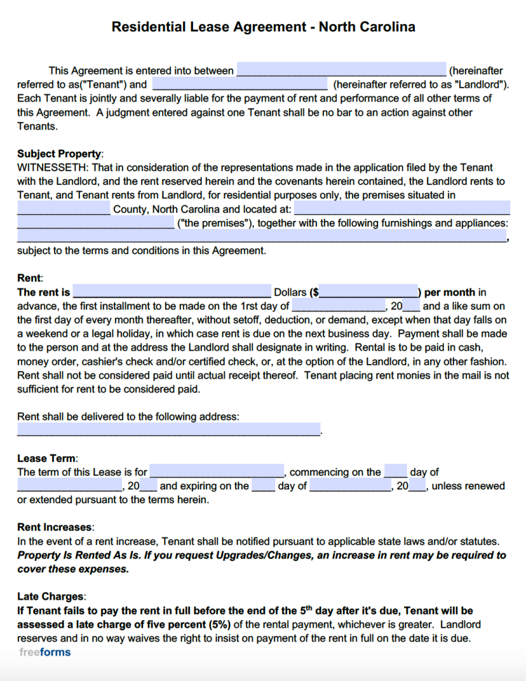 Free Printable Nc Lease Agreement