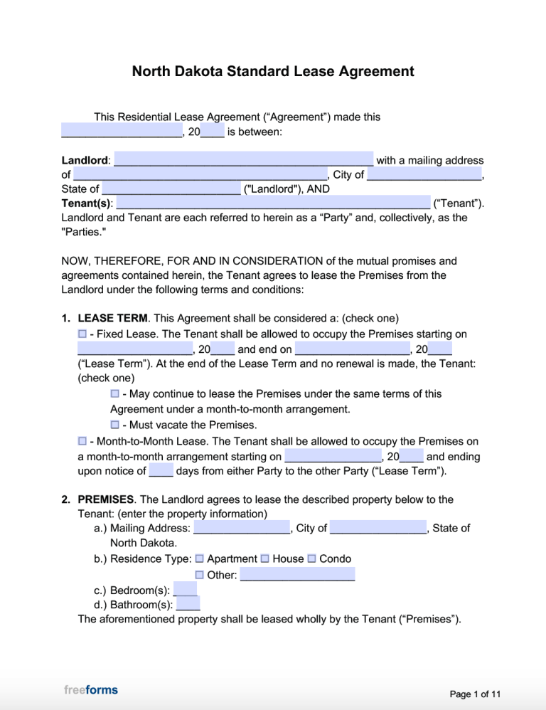 Free North Dakota Standard Residential Lease Agreement Template | PDF ...