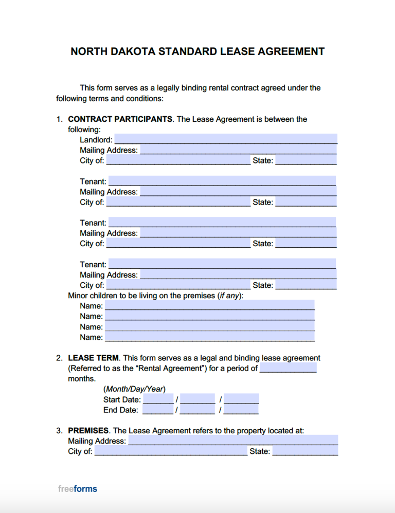 Free North Dakota Standard Residential Lease Agreement Template PDF