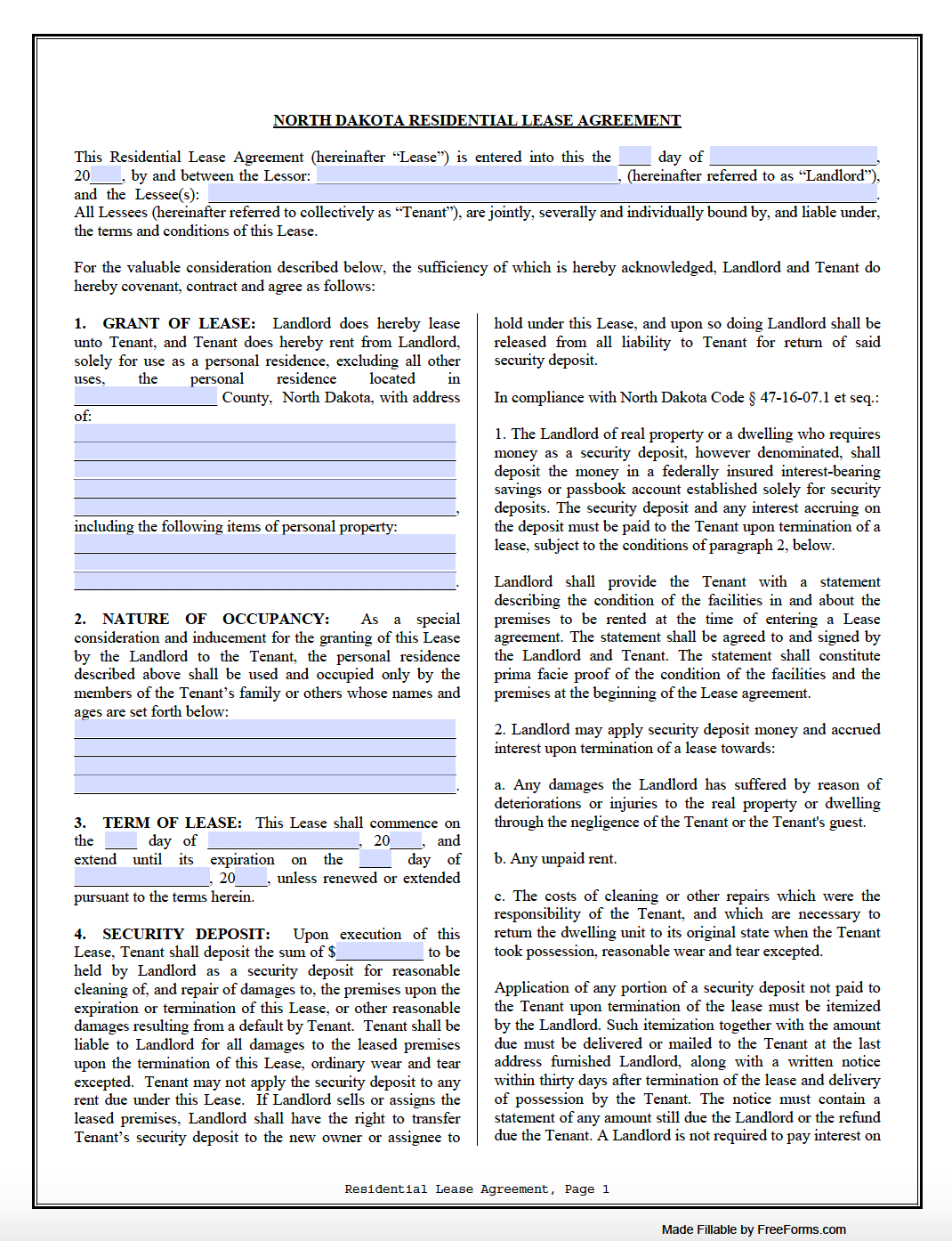 Free North Dakota Standard Residential Lease Agreement Template PDF