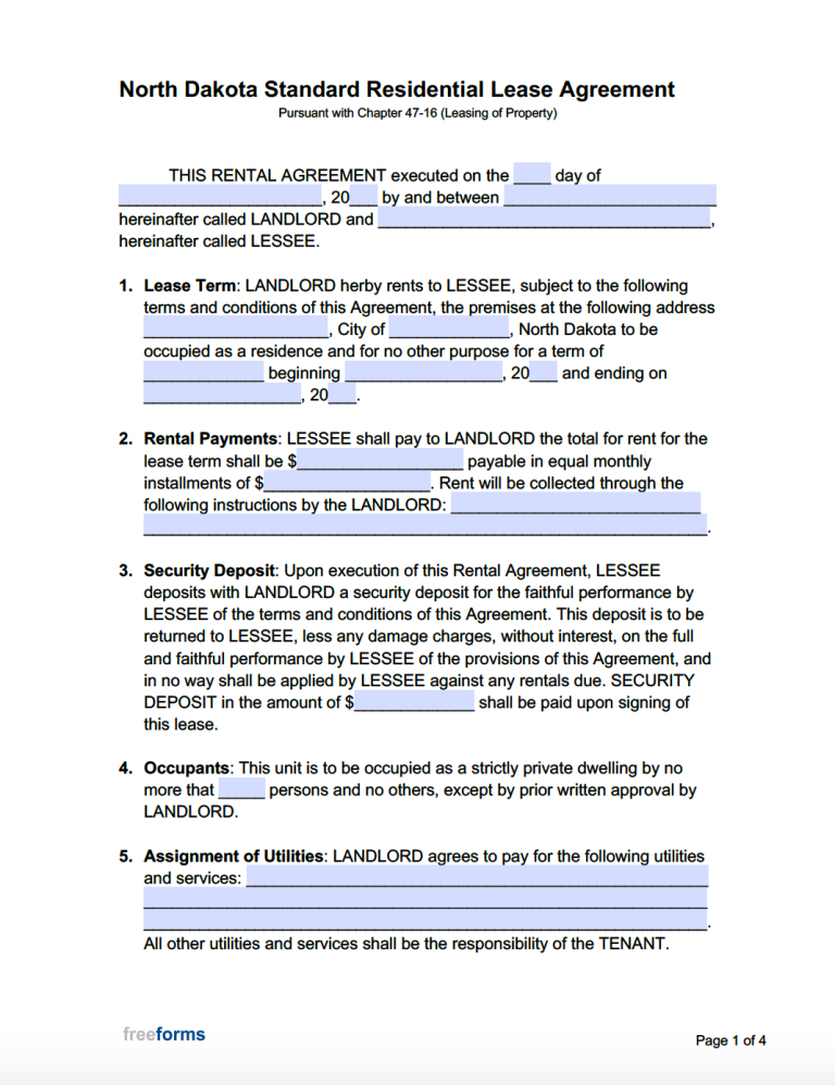 Free North Dakota Standard Residential Lease Agreement Template Pdf Word 8898