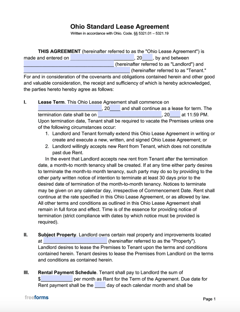 free ohio standard residential lease agreement template pdf word