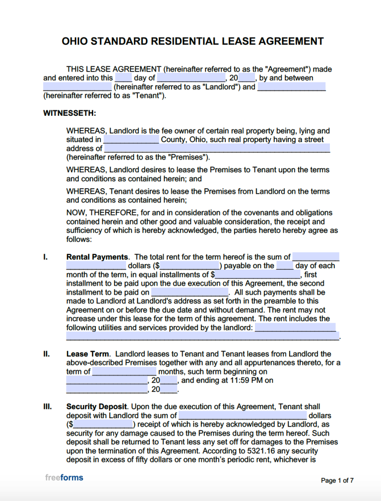 Free Ohio Rental Lease Agreement Templates PDF