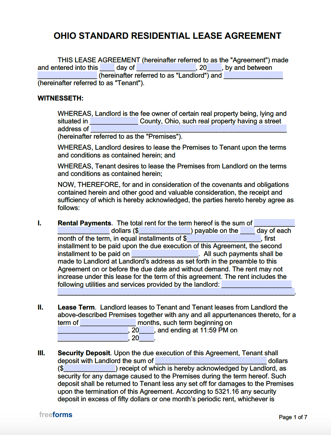 Ohio Standard Residential Lease Agreement Printable Form Templates