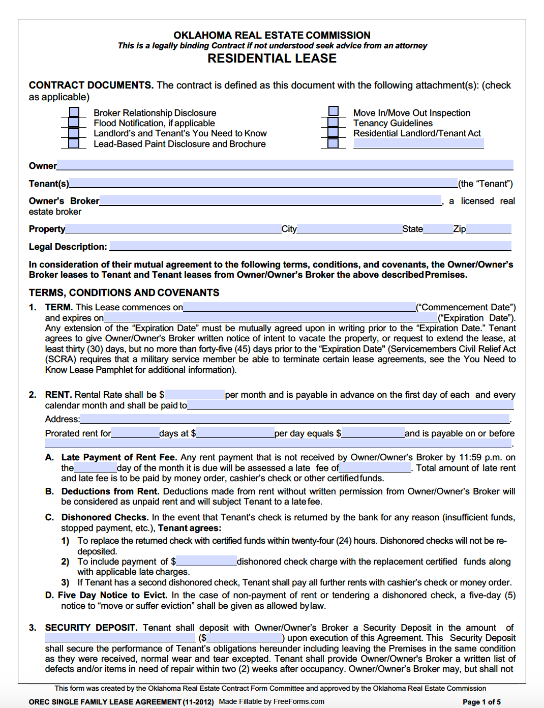 Standard Lease Agreement Form Oklahoma Printable Form Templates and