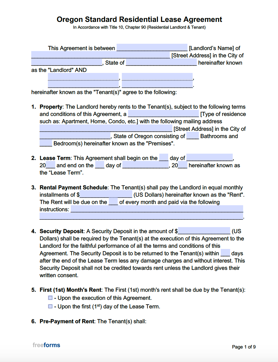 Free Oregon Standard Residential Lease Agreement Template PDF WORD