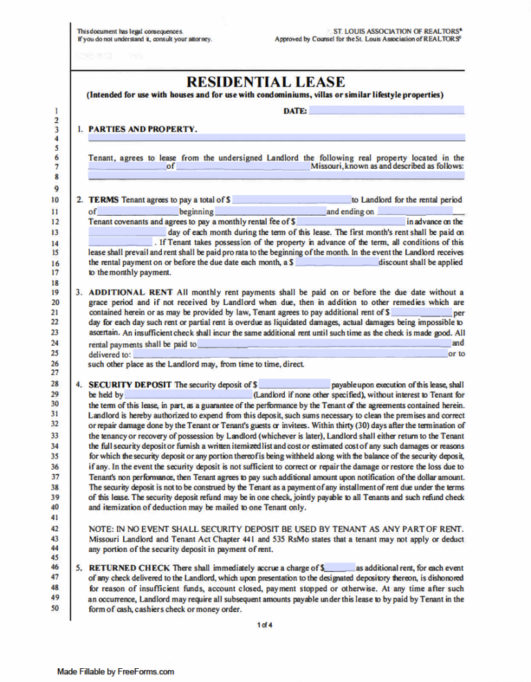 Free Missouri Standard Residential Lease Agreement Template PDF WORD   St. Louis Association Of Realtors Residential Lease Agreement 768x986 