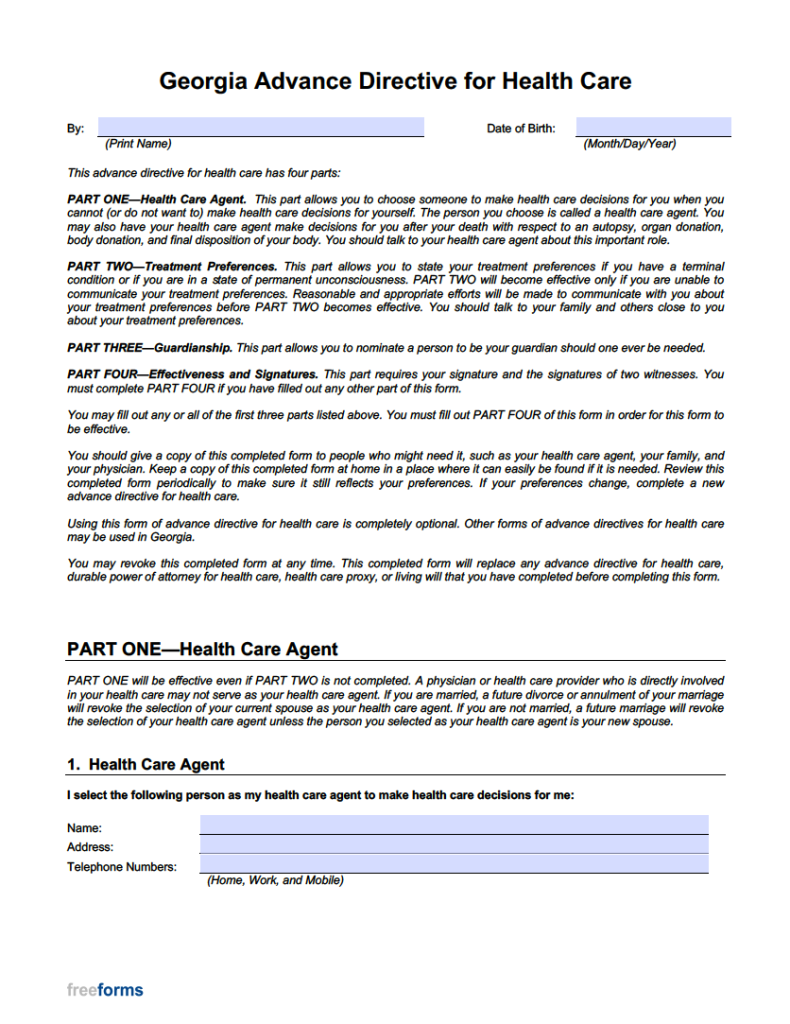 Free Georgia Advance Directive Form (Medical POA &amp; Living Will) | PDF