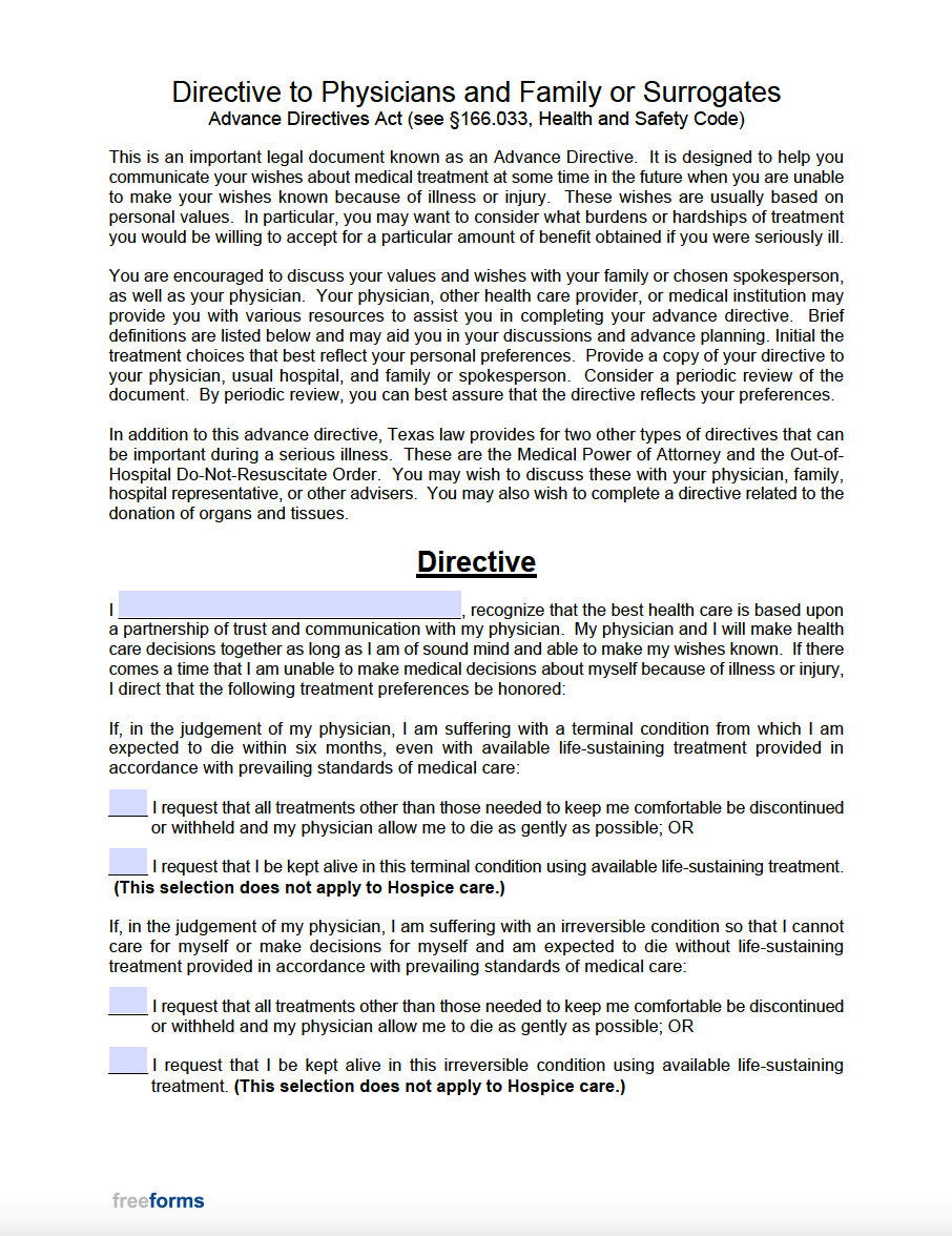 Free texas advance directive form medical poa living will pdf word
