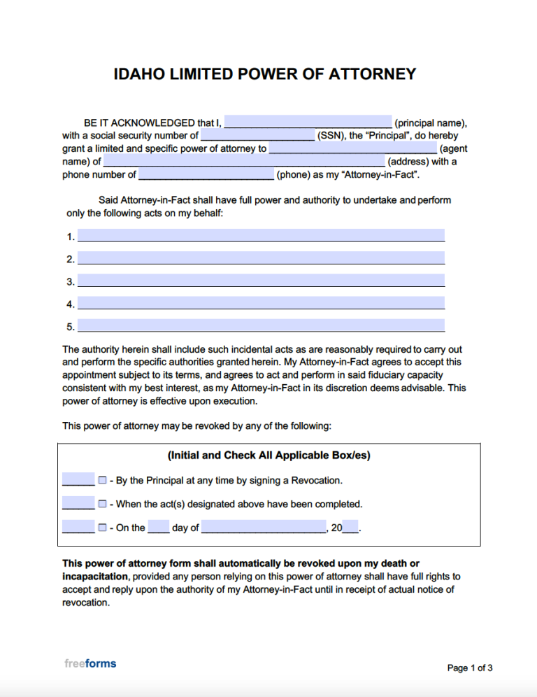 Free Idaho Limited (Special) Power of Attorney Form | PDF | WORD