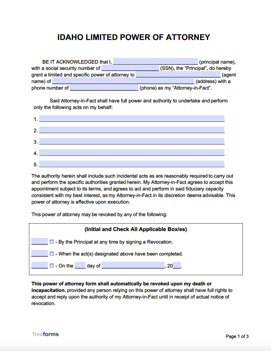 Printable Power Of Attorney Form Idaho Printable Forms Free Online