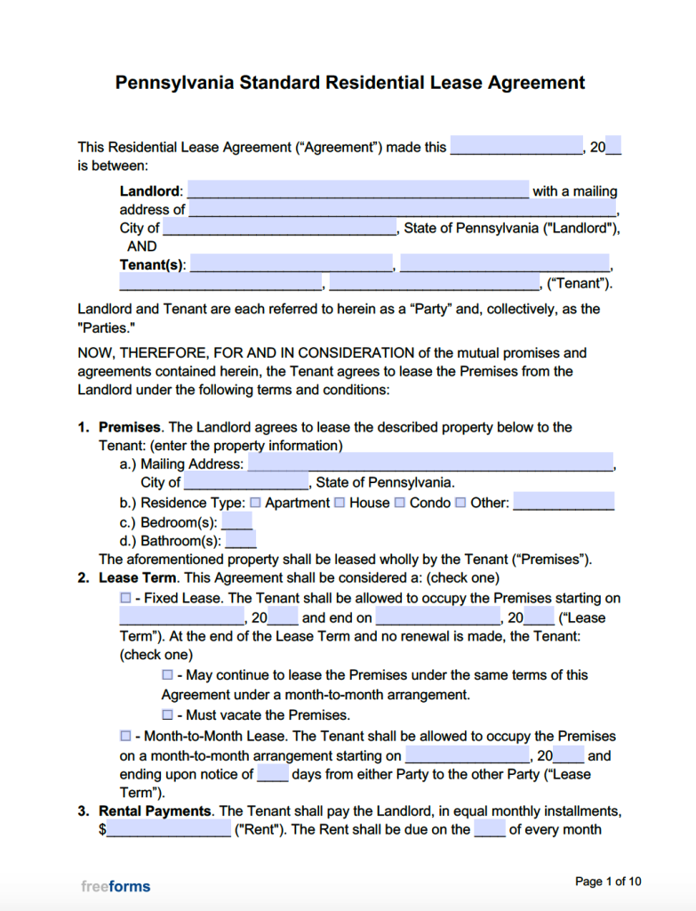 Free Pennsylvania Standard Residential Lease Agreement Template | PDF ...