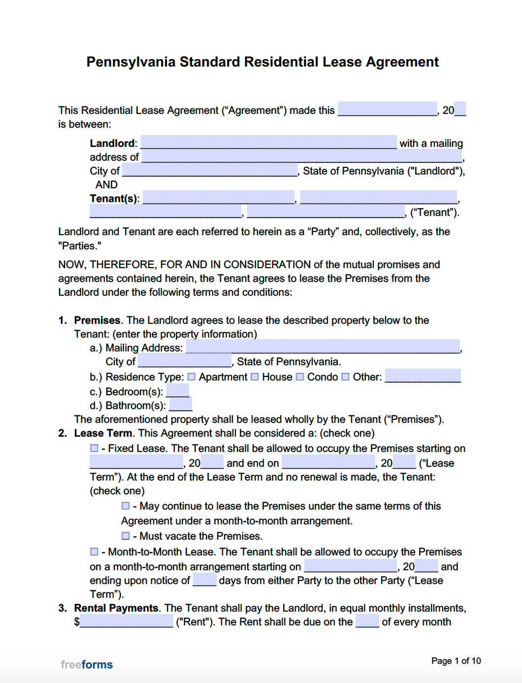 Free Pennsylvania Standard Residential Lease Agreement Template PDF