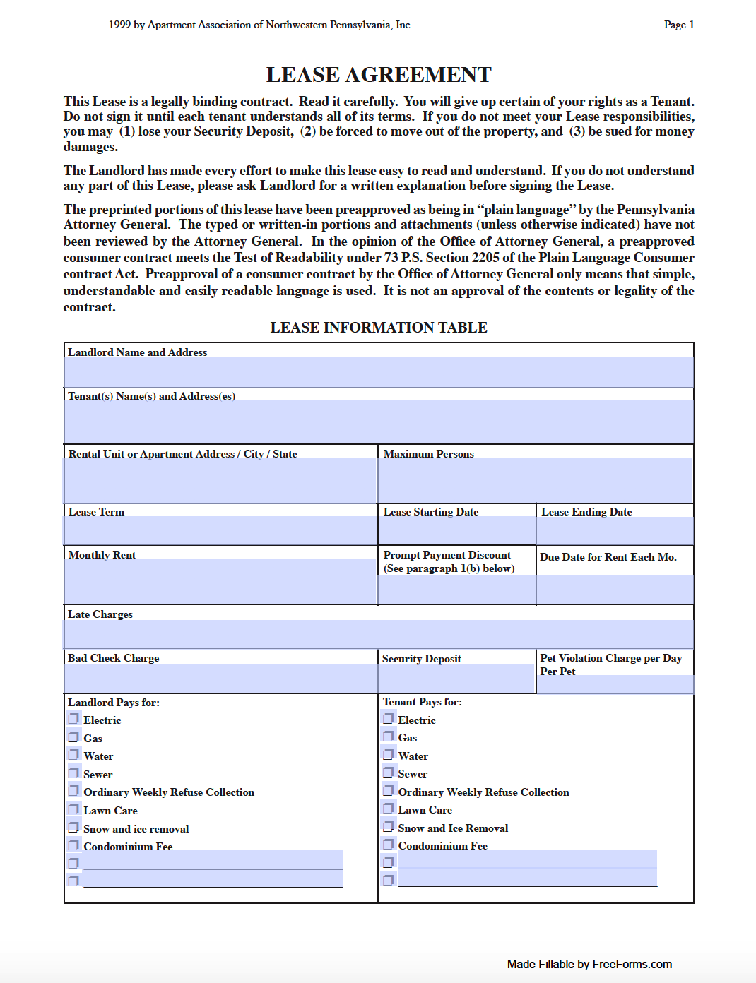 Free Pennsylvania Standard Residential Lease Agreement Template | PDF ...