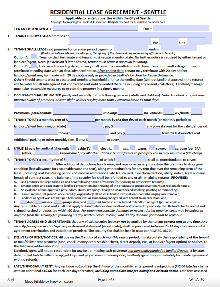 Free Washington Standard Residential Lease Agreement Template | PDF | WORD