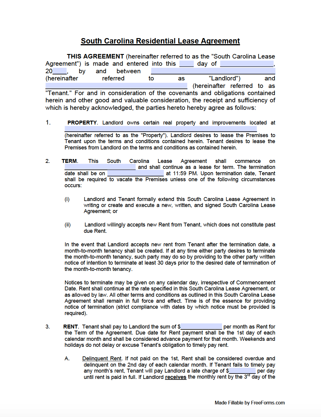 Free South Carolina Standard Residential Lease Agreement Template PDF