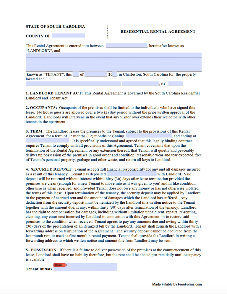 Free South Carolina Standard Residential Lease Agreement Template | PDF ...