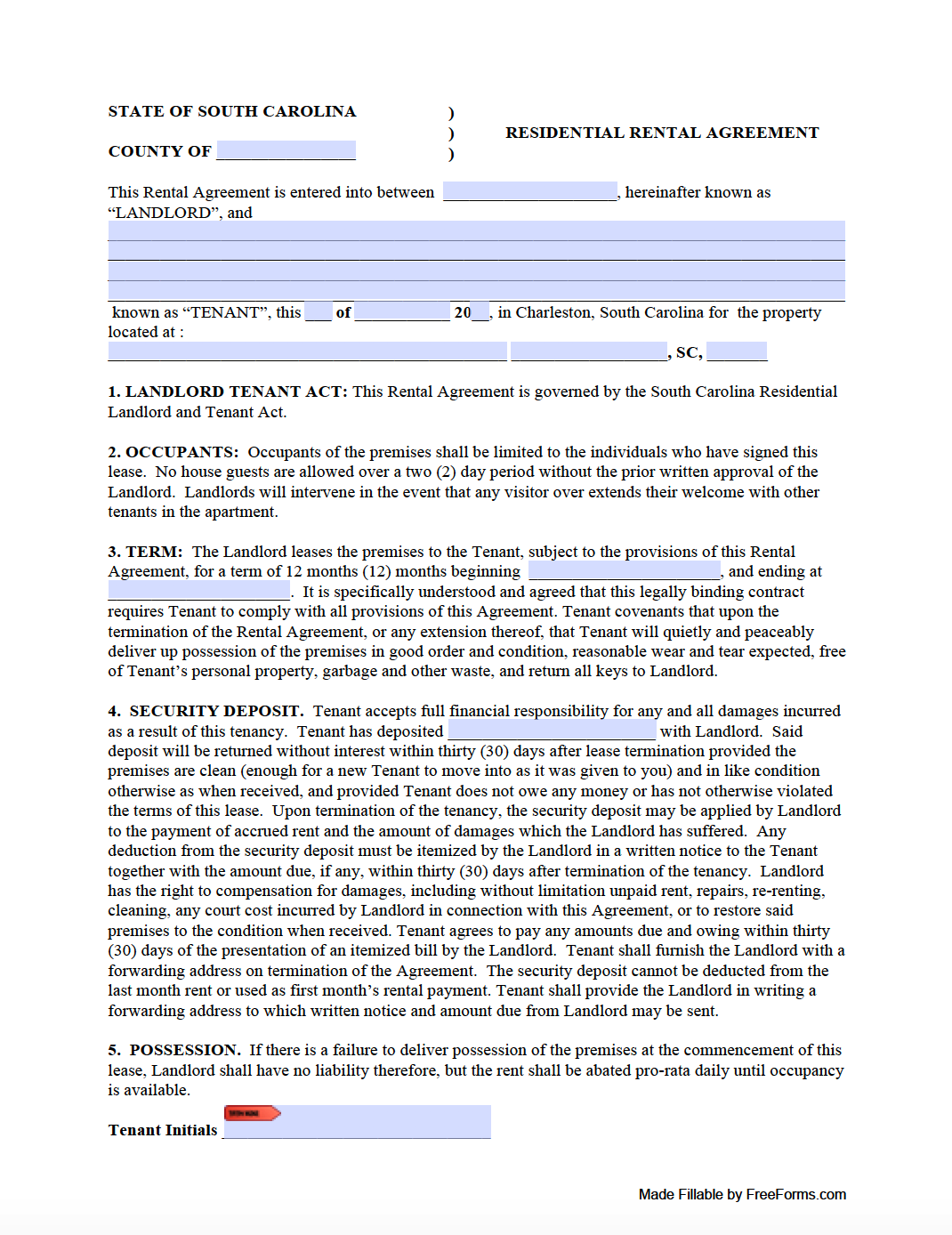 Free South Carolina Standard Residential Lease Agreement Template PDF