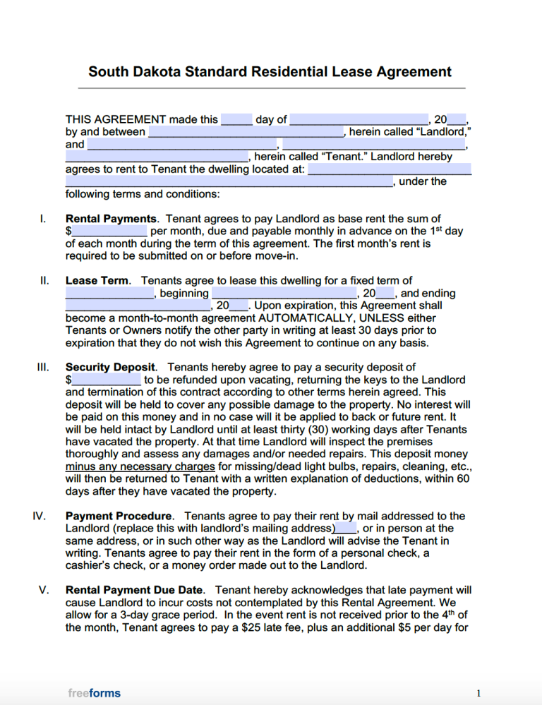 Free South Dakota Standard Residential Lease Agreement Template | PDF