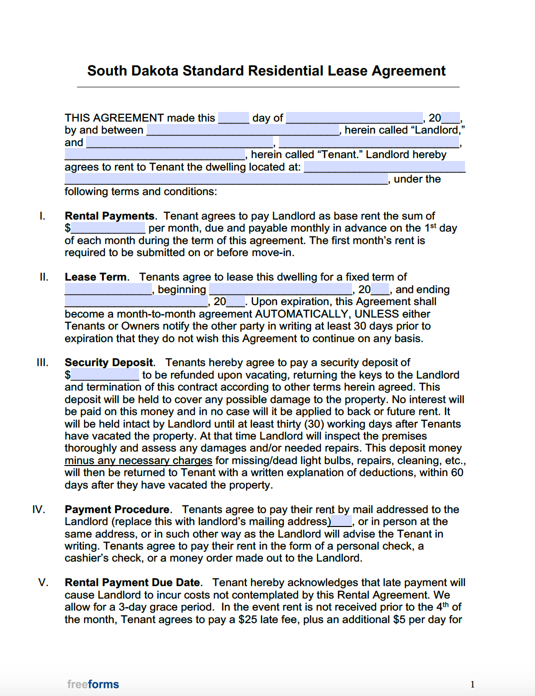 Free South Dakota Standard Residential Lease Agreement Template PDF