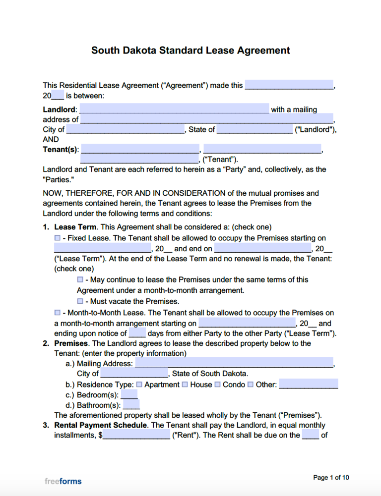 Free South Dakota Standard Residential Lease Agreement Template | PDF