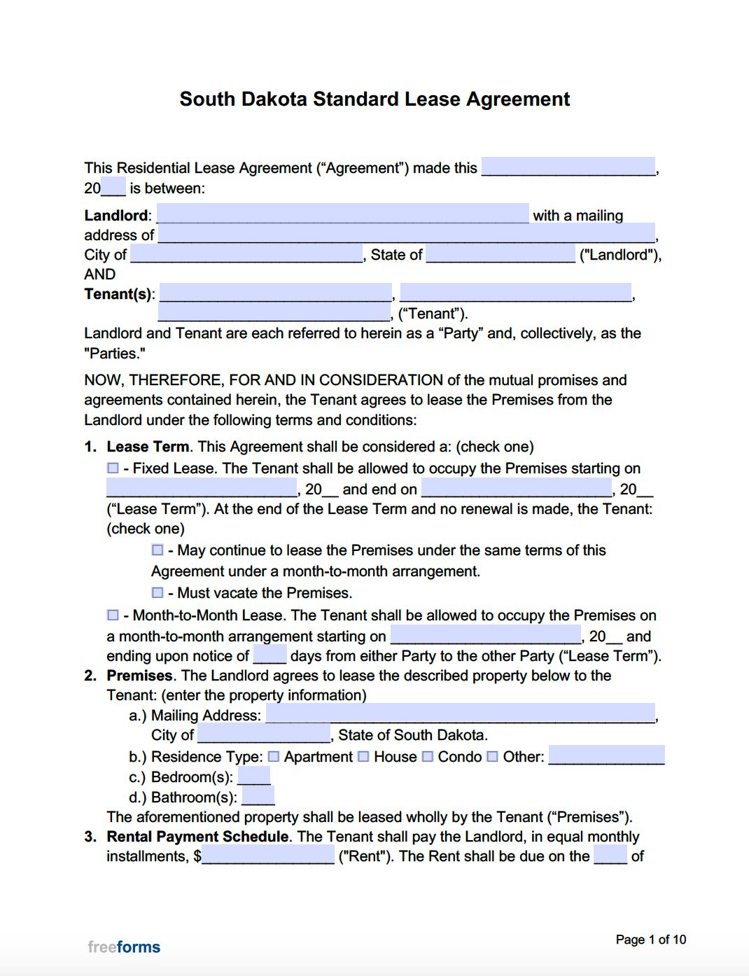 Free South Dakota Standard Residential Lease Agreement Template PDF
