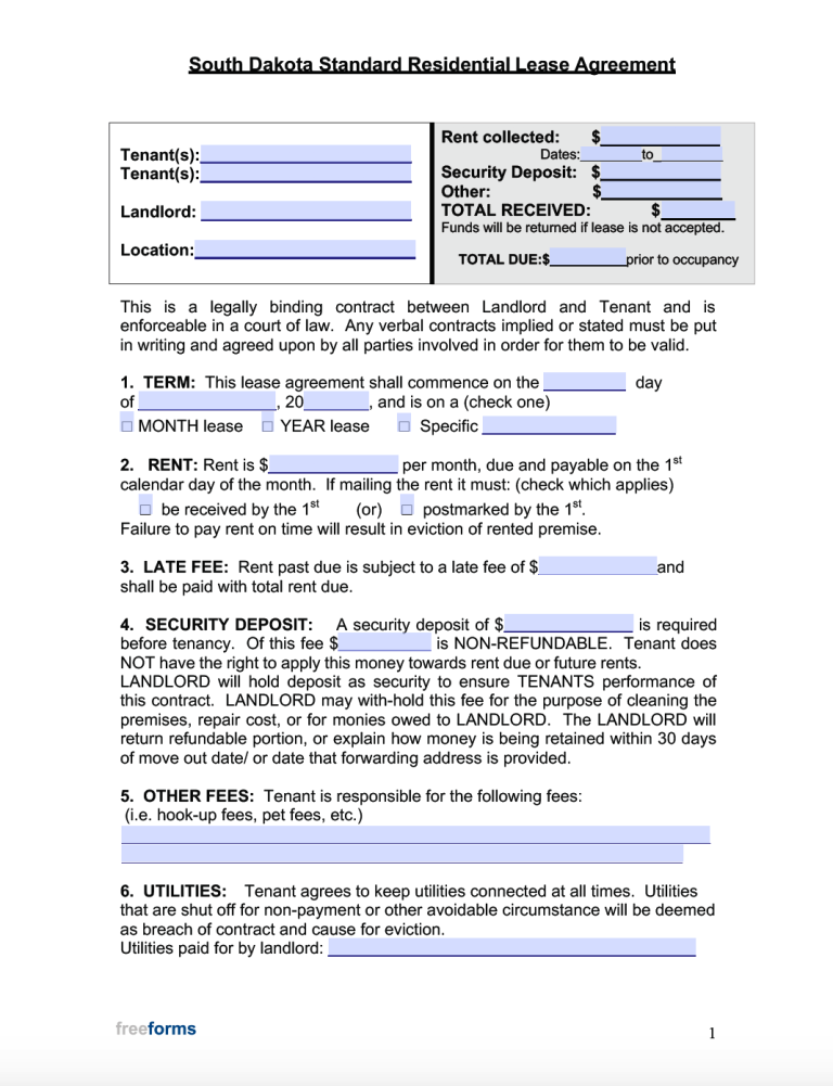 Free South Dakota Standard Residential Lease Agreement Template PDF