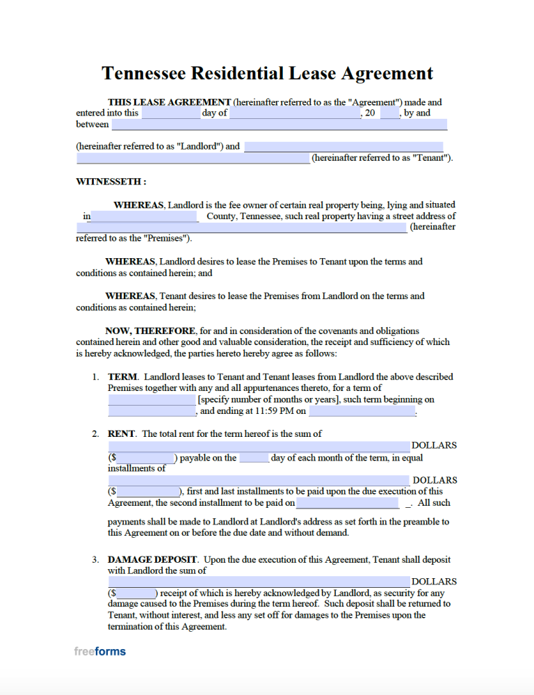 Free Tennessee Standard Residential Lease Agreement Template Pdf Word 8157