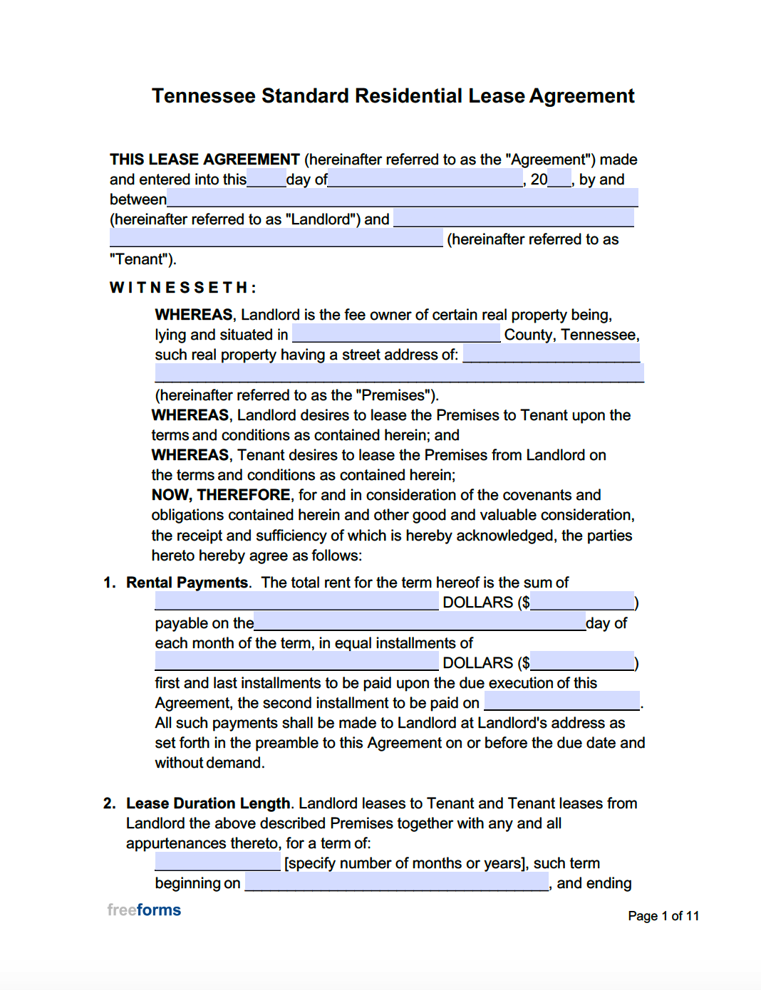 Free Printable Tennessee Residential Lease Agreement