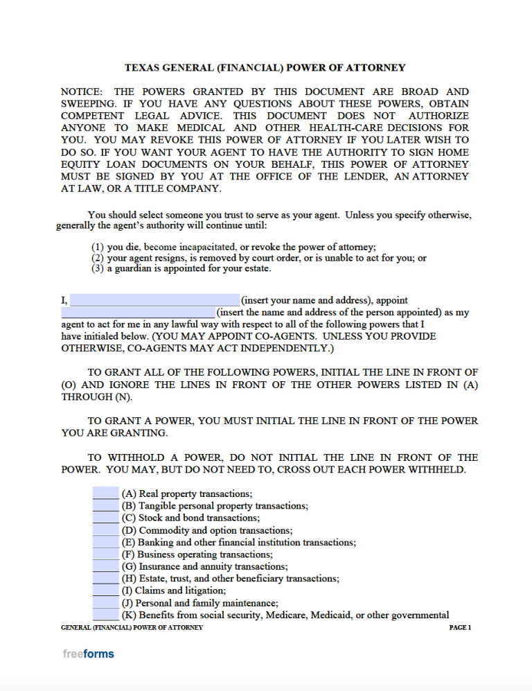 Free Texas General (Financial) Power of Attorney Form | PDF